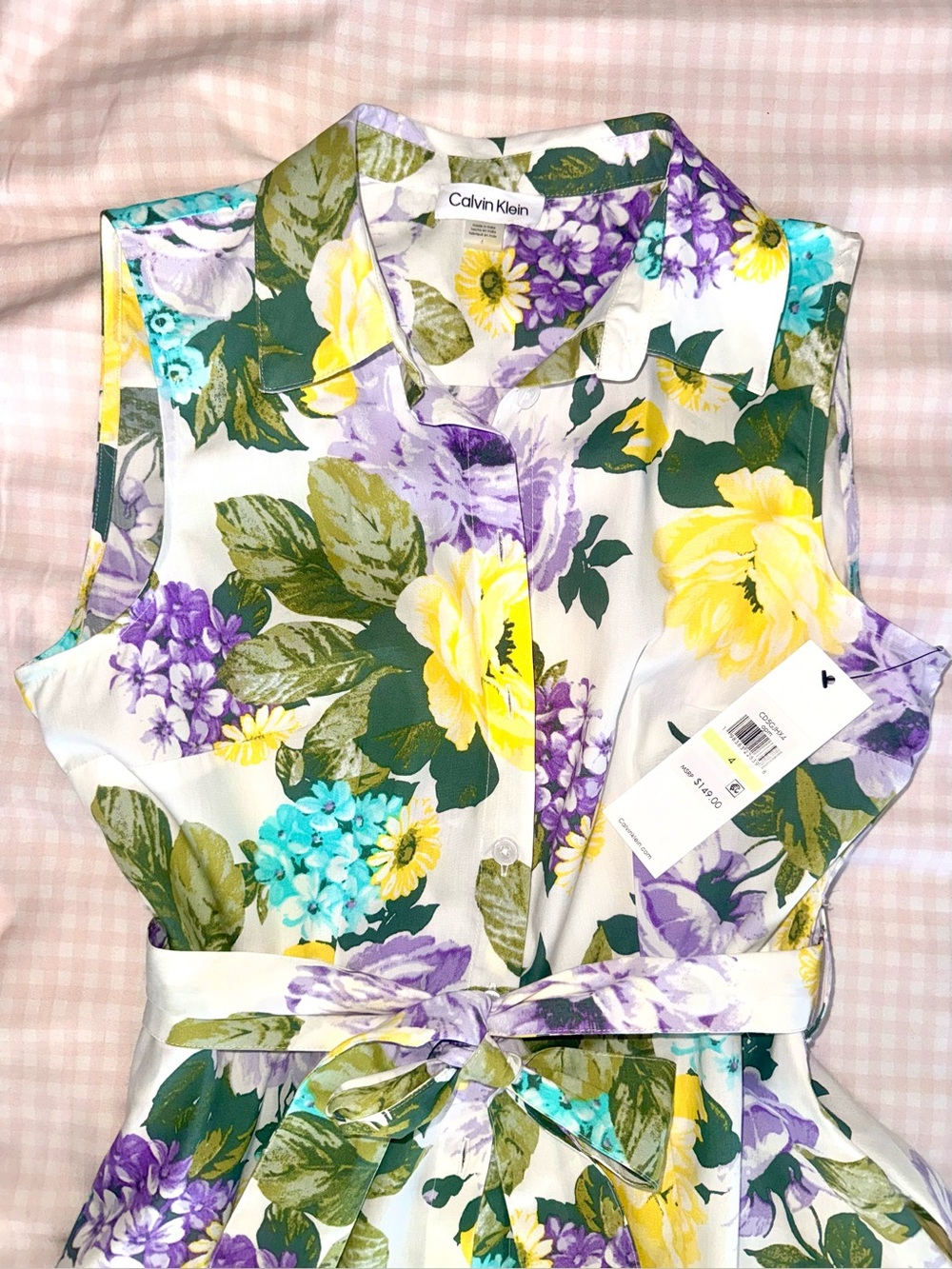 Calvin Klein Yellow & Purple Floral Shirtwaist Dress with Tie Belt - Picture 7 of 11